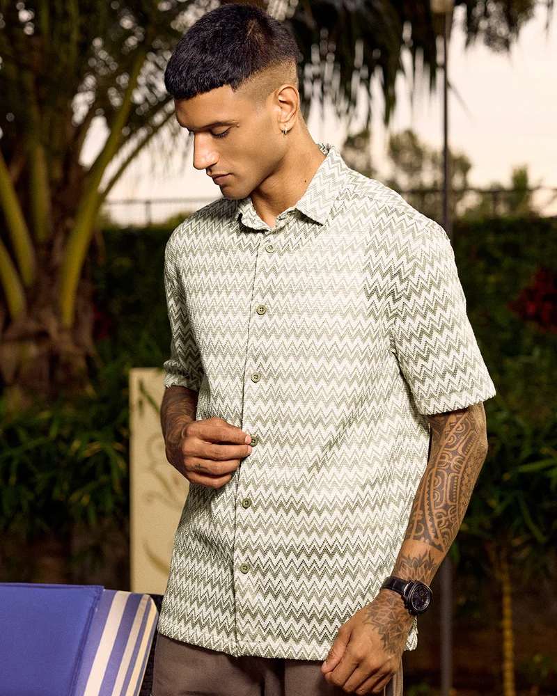 bewakoof Men's Green & White Textured Oversized Crochet Shirt